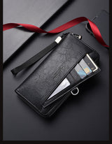 Black Classic Long Zipper Wallet Clutch - Large Capacity PU Leather Phone & Card Holder with Wrist Strap - Top-Down View