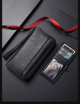Black Classic Long Zipper Wallet Clutch - Large Capacity PU Leather Phone & Card Holder with Wrist Strap - Rear View
