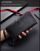 Black Classic Long Zipper Wallet Clutch - Large Capacity PU Leather Phone & Card Holder with Wrist Strap - Close-Up Angle