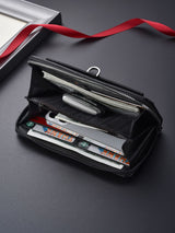 Black Classic Long Zipper Wallet Clutch - Large Capacity PU Leather Phone & Card Holder with Wrist Strap - Low Angle
