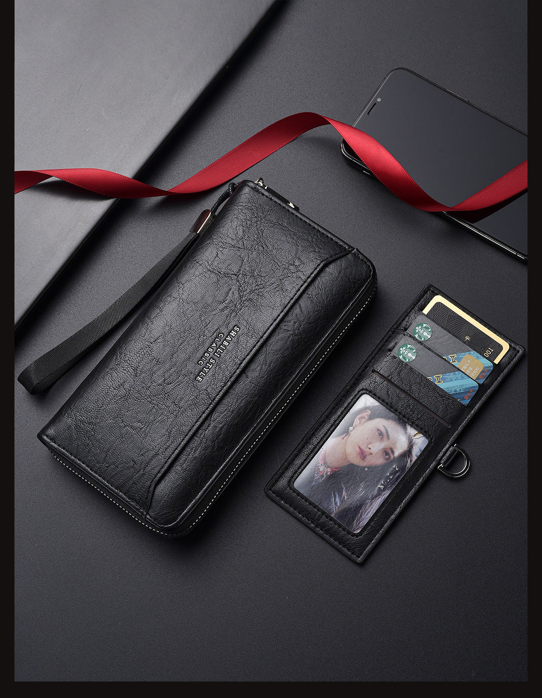 Coffee Classic Long Zipper Wallet Clutch - Large Capacity PU Leather Phone & Card Holder with Wrist Strap
