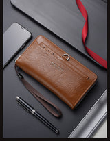 Brown Classic Long Zipper Wallet Clutch - Large Capacity PU Leather Phone & Card Holder with Wrist Strap