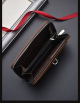 Brown Classic Long Zipper Wallet Clutch - Large Capacity PU Leather Phone & Card Holder with Wrist Strap - Front View