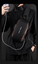 Black and Brown Men's Anti-Theft Crossbody Sling Bag with USB Charging Port & Combination Lock - Top-Down View
