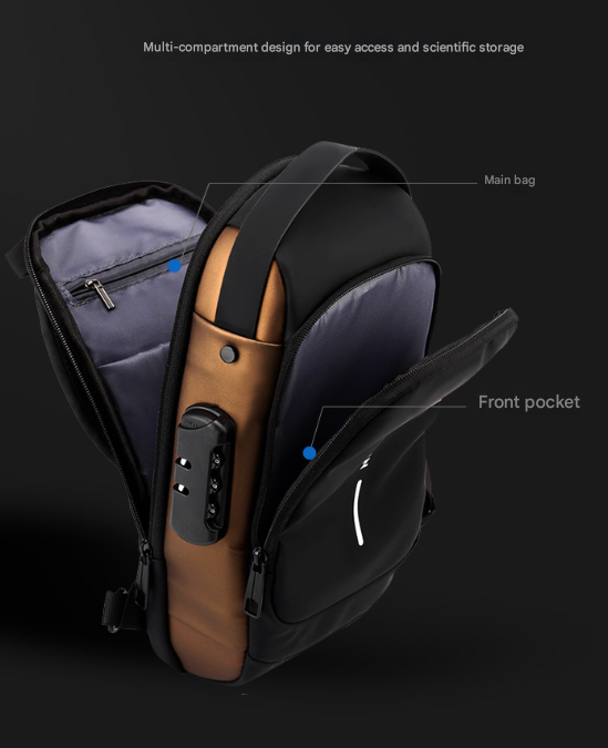 Black and Brown Men's Anti-Theft Crossbody Sling Bag with USB Charging Port & Combination Lock