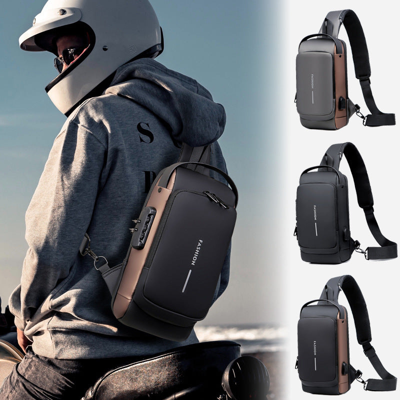 Blue and Brown Men's Anti-Theft Crossbody Sling Bag with USB Charging Port & Combination Lock