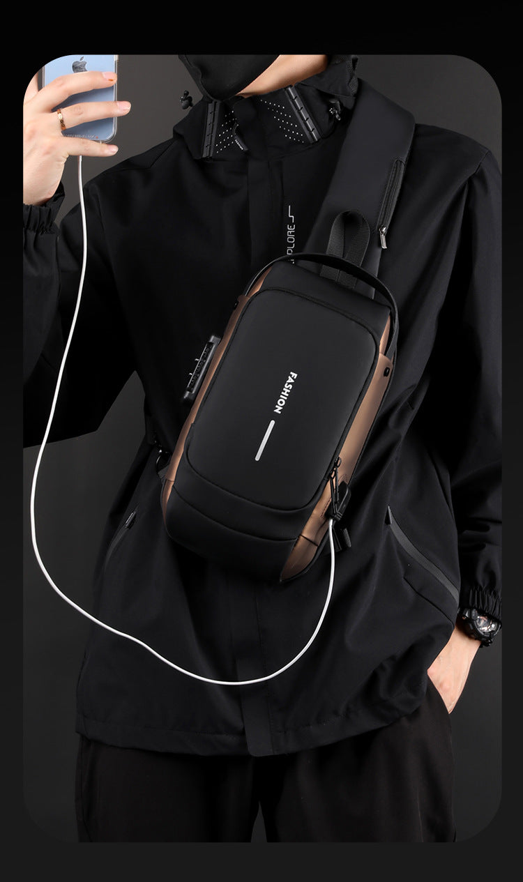 Grey and Brown Men's Anti-Theft Crossbody Sling Bag with USB Charging Port & Combination Lock