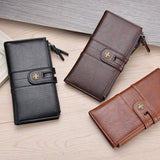 Brown Men's Vintage PU Leather Long Wallet - High Capacity Dual Zipper Clutch with Phone & Card Slots - Front View