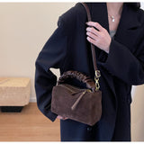 Coffee Chic Ruched Handle Crossbody Bag - Womens Faux Suede Top Handle Handbag with Detachable Strap - Rear View