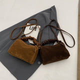 Brown Chic Ruched Handle Crossbody Bag - Womens Faux Suede Top Handle Handbag with Detachable Strap - Front View