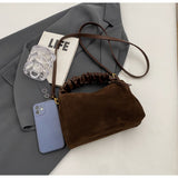 Brown Chic Ruched Handle Crossbody Bag - Womens Faux Suede Top Handle Handbag with Detachable Strap - Side View