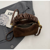 Brown Chic Ruched Handle Crossbody Bag - Womens Faux Suede Top Handle Handbag with Detachable Strap - 45-Degree Angle