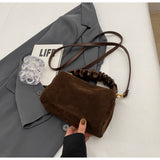 Brown Chic Ruched Handle Crossbody Bag - Womens Faux Suede Top Handle Handbag with Detachable Strap - Rear View