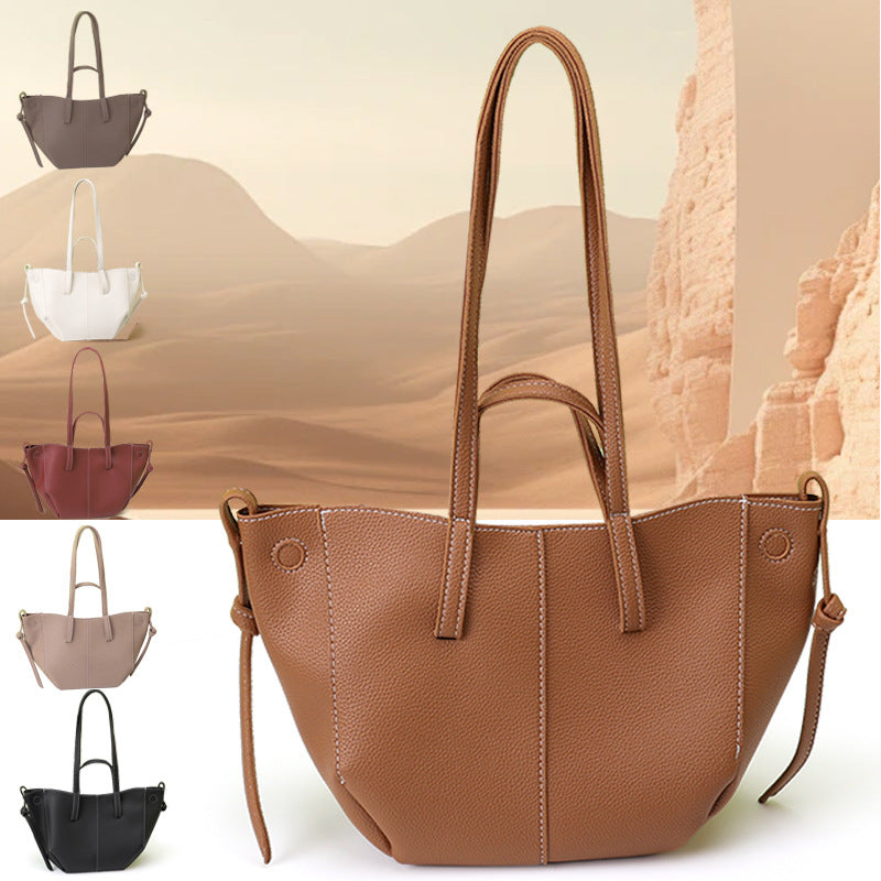 Black Chic Minimalist PU Leather Tote Bag - Women's Versatile Shoulder Handbag with Contrast Stitching
