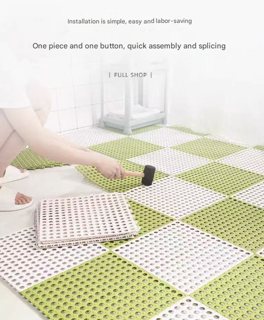 Grey And Pink DIY Interlocking Non-Slip Floor Tiles - 18-Pack PVC Drainage Mat for Shower & Bathroom Safety