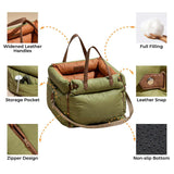 Green and Orange Premium Plush Pet Booster Car Seat - Portable Dog Travel Bed with Non-Slip Base - Top-Down View