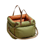 Green and Orange Premium Plush Pet Booster Car Seat - Portable Dog Travel Bed with Non-Slip Base - Close-Up Angle