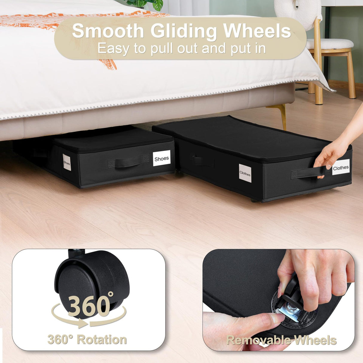 1 piece Black Size L Collapsible Underbed Storage Organizer with Wheels - Fabric Bin with Dustproof Lid