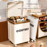 Beige Large Foldable Storage Box with Lid and Wheels - Heavy Duty Collapsible Toy Organizer Bin - Front View
