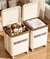 Beige Large Foldable Storage Box with Lid and Wheels - Heavy Duty Collapsible Toy Organizer Bin - 45-Degree Angle