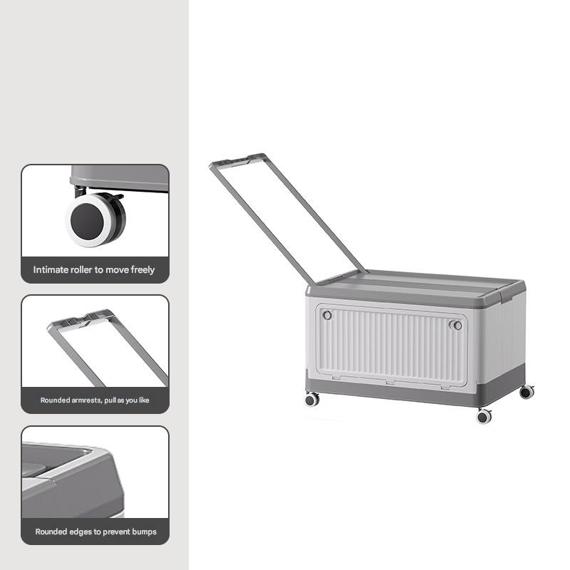 Size S Grey Collapsible Storage Box with Wheels and Telescopic Handle - Stackable Folding Crate for Car & Home