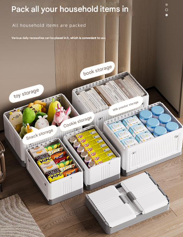 Size S Grey Collapsible Storage Box with Wheels and Telescopic Handle - Stackable Folding Crate for Car & Home