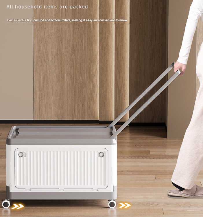 Size L Brown Collapsible Storage Box with Wheels and Telescopic Handle - Stackable Folding Crate for Car & Home