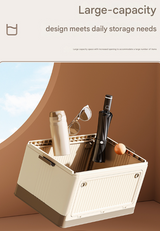 Size L Brown Collapsible Storage Box with Wheels and Telescopic Handle - Stackable Folding Crate for Car & Home - 45-Degree Angle