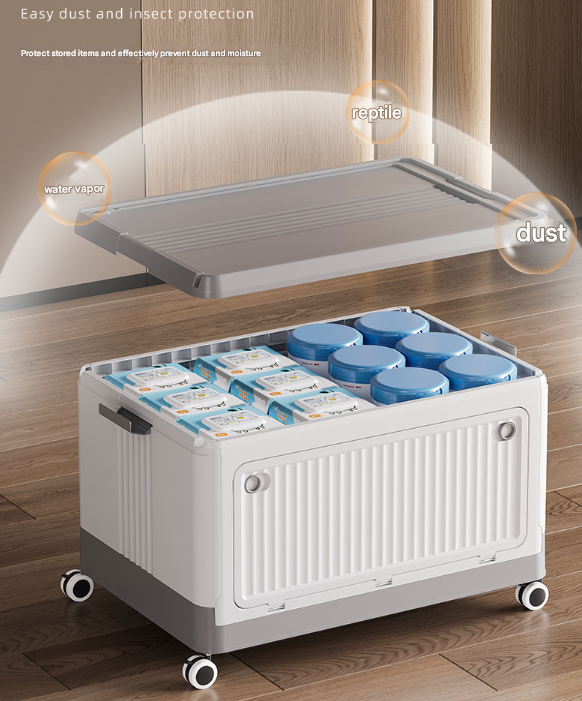 Size L Grey Collapsible Storage Box with Wheels and Telescopic Handle - Stackable Folding Crate for Car & Home