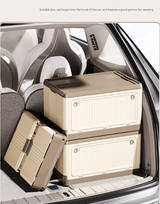 Size L Grey Collapsible Storage Box with Wheels and Telescopic Handle - Stackable Folding Crate for Car & Home - Close-Up Angle