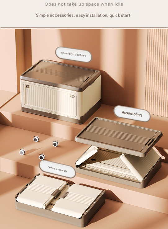 Size L Grey Collapsible Storage Box with Wheels and Telescopic Handle - Stackable Folding Crate for Car & Home