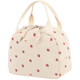 Beige Strawberry Pattern Corduroy Lunch Bag - Insulated Thermal Cooler Tote for School Work and Picnics - Rear View