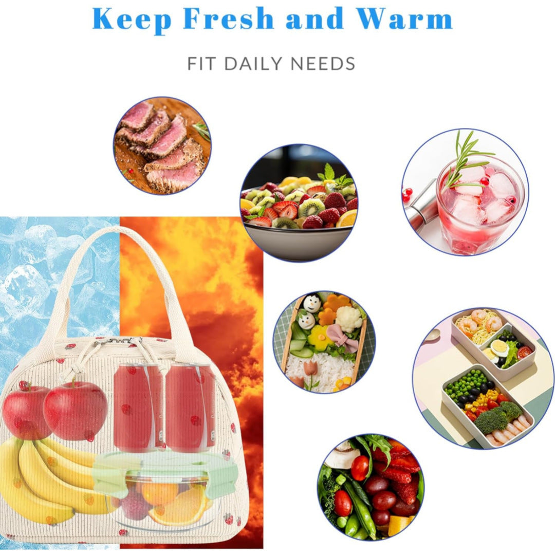 Beige Strawberry Pattern Corduroy Lunch Bag - Insulated Thermal Cooler Tote for School Work and Picnics