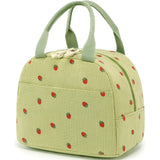 Green Strawberry Pattern Corduroy Lunch Bag - Insulated Thermal Cooler Tote for School Work and Picnics