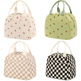 Green Strawberry Pattern Corduroy Lunch Bag - Insulated Thermal Cooler Tote for School Work and Picnics