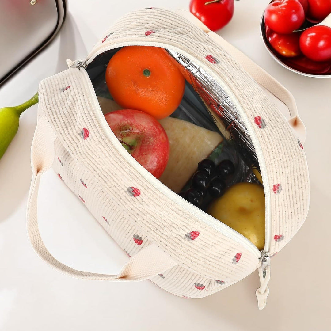 Green Strawberry Pattern Corduroy Lunch Bag - Insulated Thermal Cooler Tote for School Work and Picnics