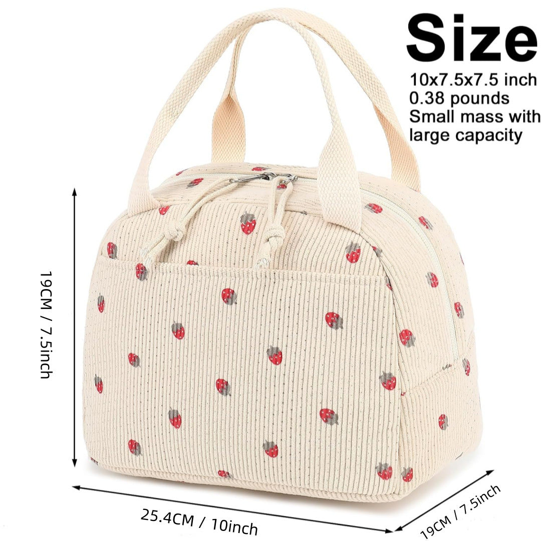 Green Strawberry Pattern Corduroy Lunch Bag - Insulated Thermal Cooler Tote for School Work and Picnics