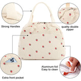 Green Strawberry Pattern Corduroy Lunch Bag - Insulated Thermal Cooler Tote for School Work and Picnics - 45-Degree Angle