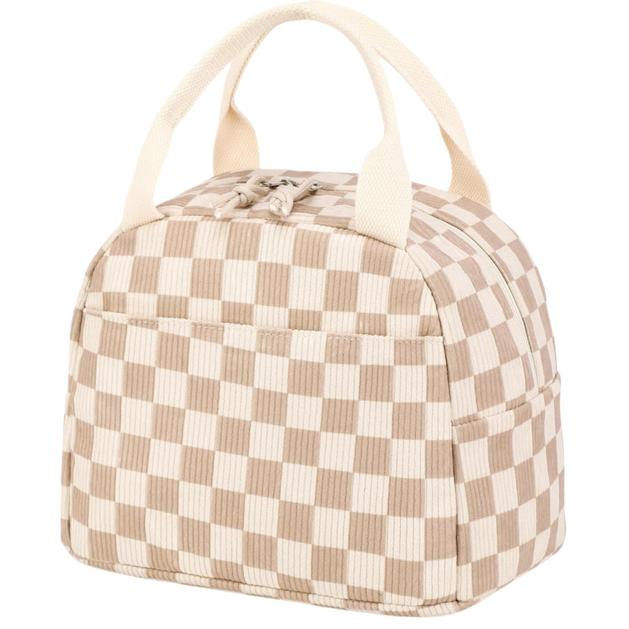Beige Checkered Pattern Corduroy Lunch Bag - Insulated Thermal Cooler Tote for School Work and Picnics