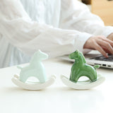 Green Modern Ceramic Rocking Horse Ornament - Cute Porcelain Figurine for Desk & Shelf Decor - Front View