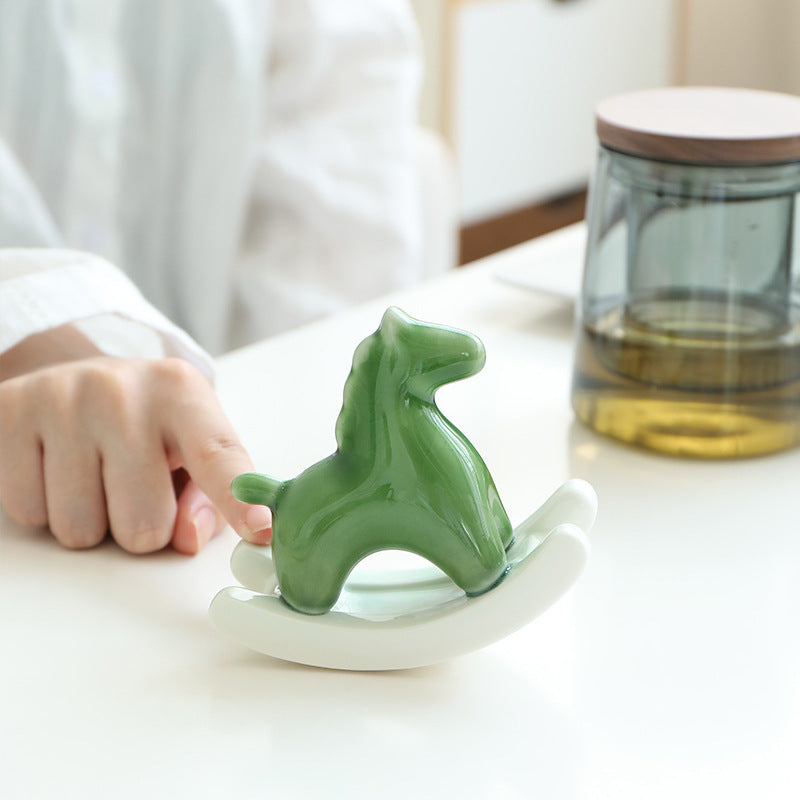 Green Modern Ceramic Rocking Horse Ornament - Cute Porcelain Figurine for Desk & Shelf Decor