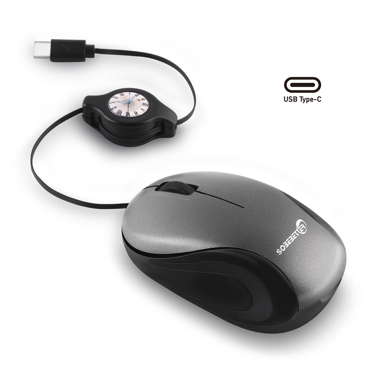 Grey and Black Portable Mini USB-C Mouse with Retractable Cable - Silent Click Travel Mouse for Laptop, MacBook, Tablet