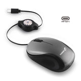 Grey and Black Portable Mini USB-C Mouse with Retractable Cable - Silent Click Travel Mouse for Laptop, MacBook, Tablet