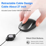 Grey and Black Portable Mini USB-C Mouse with Retractable Cable - Silent Click Travel Mouse for Laptop, MacBook, Tablet