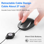 Blue and Black Portable Mini USB-C Mouse with Retractable Cable - Silent Click Travel Mouse for Laptop, MacBook, Tablet