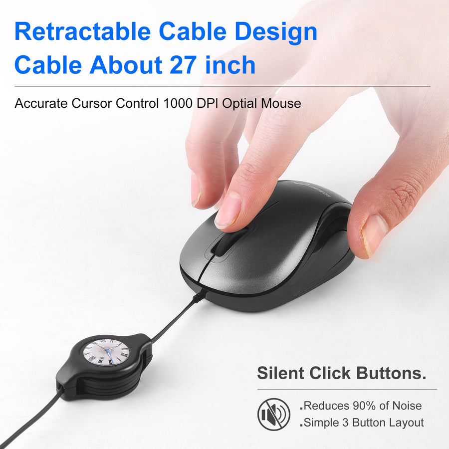 Blue and Black Portable Mini USB-C Mouse with Retractable Cable - Silent Click Travel Mouse for Laptop, MacBook, Tablet