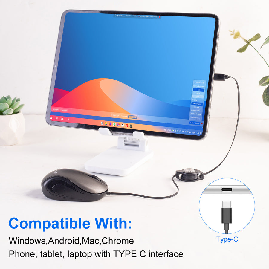 Blue and Black Portable Mini USB-C Mouse with Retractable Cable - Silent Click Travel Mouse for Laptop, MacBook, Tablet