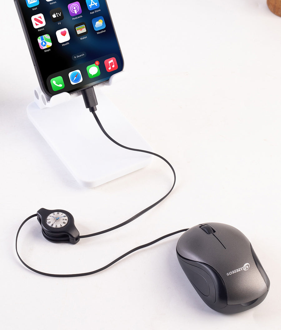 Blue and Black Portable Mini USB-C Mouse with Retractable Cable - Silent Click Travel Mouse for Laptop, MacBook, Tablet