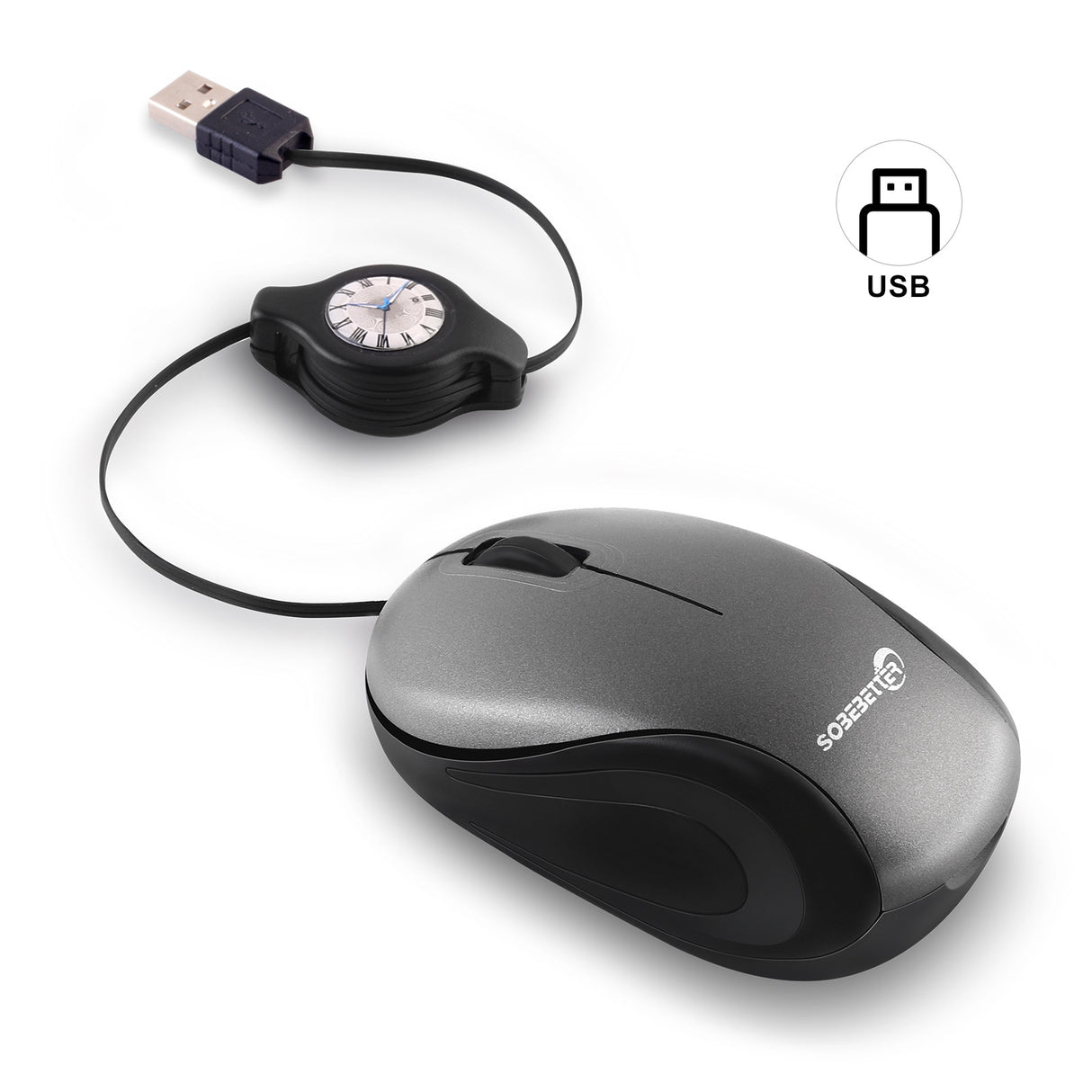 Grey and Black Portable Mini USB Mouse with Retractable Cable - Compact Travel Mouse for PC and Laptop