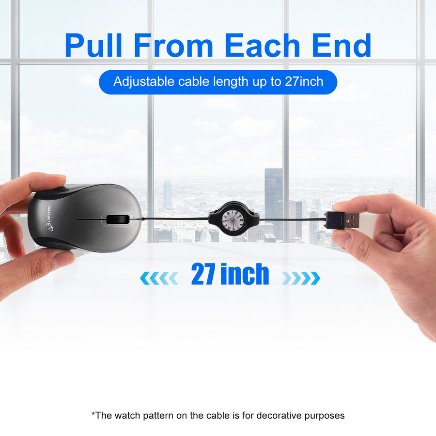 Grey and Black Portable Mini USB Mouse with Retractable Cable - Compact Travel Mouse for PC and Laptop